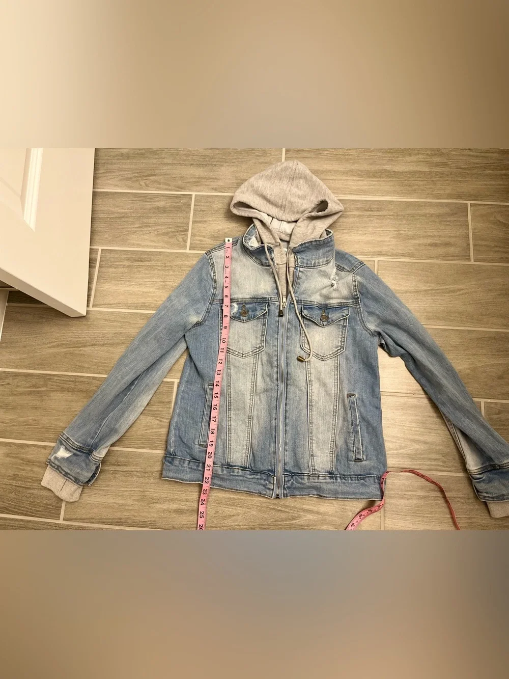Grace & Lace Distressed denim jacket with removable hood